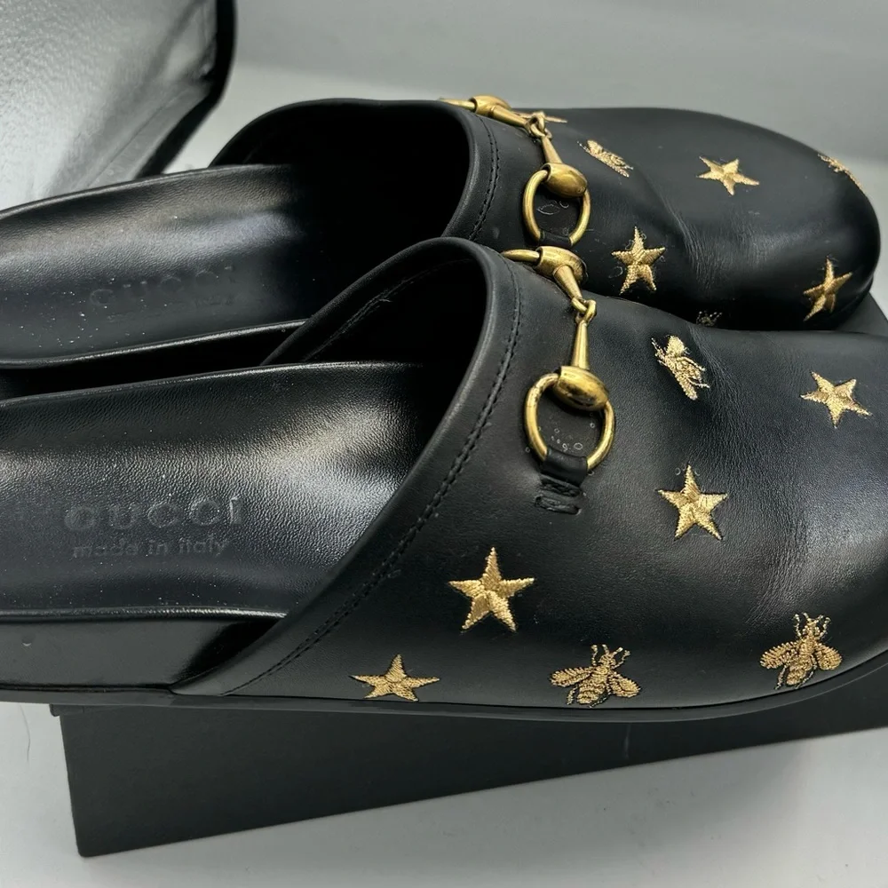 Gucci mules 8/Eur-41/US unisex Black leather Bee detail, horse shoe hardware. - Picture 2 of 7